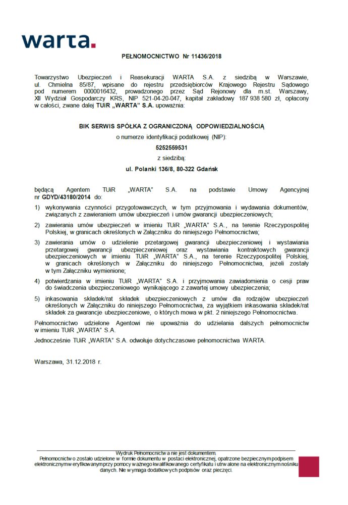 Pełnomocnictwo BIK Serwis - Towarzystwo Ubezpieczeń i Reasekuracji WARTA S.A.