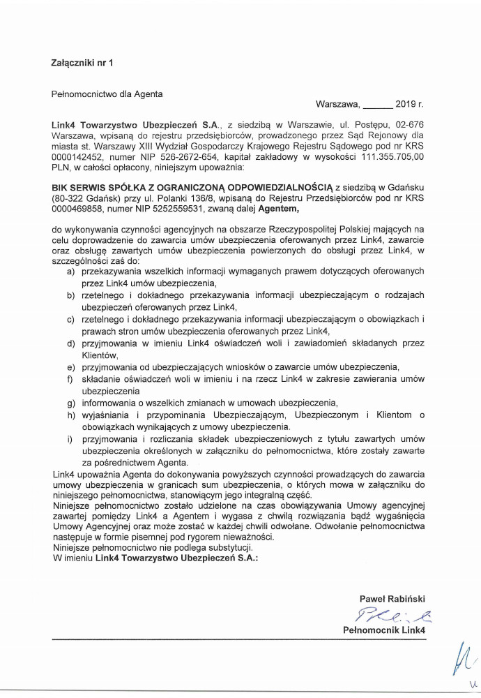 Pełnomocnictwo BIK Serwis - Link4 Towarzystwo Ubezpieczeń S.A.