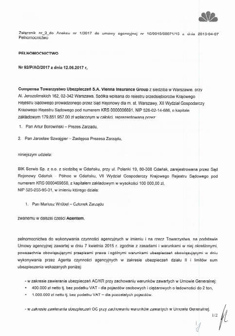 Compensa TU SA VIG -pełnomocnictwo nr 92_P_AO_2017 z dn.
      12.06.2017