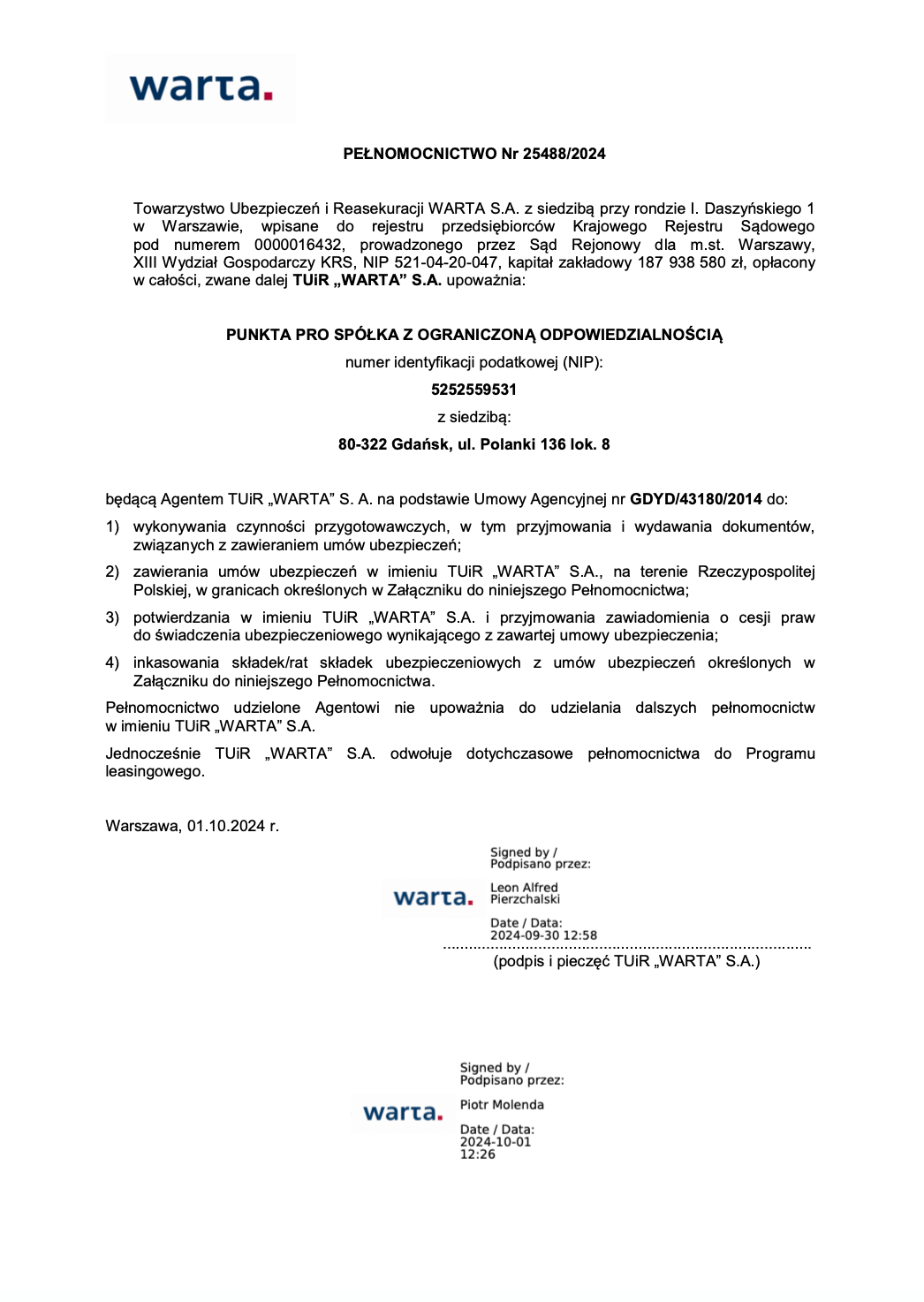 TUiR Warta S.A. Pełnomocnictwo 25488_2024 z dn. 01.10.2024